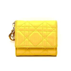 ❌SOLD❌Auth Dior Wallet Trifold Yellow Lotus Lambskin Compact Lady Cannage Wallet